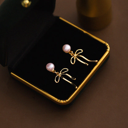 Gold S925 Silver Bow Knot Pearl Stud Earrings