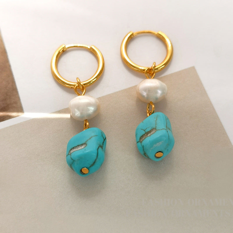 Turquoise & Cultured Pearl Geometric Drop Earrings