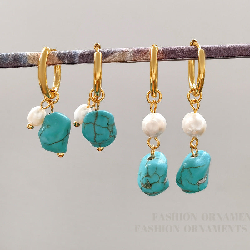 Turquoise & Cultured Pearl Geometric Drop Earrings