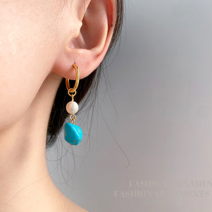 Turquoise & Cultured Pearl Geometric Drop Earrings