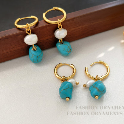 Turquoise & Cultured Pearl Geometric Drop Earrings