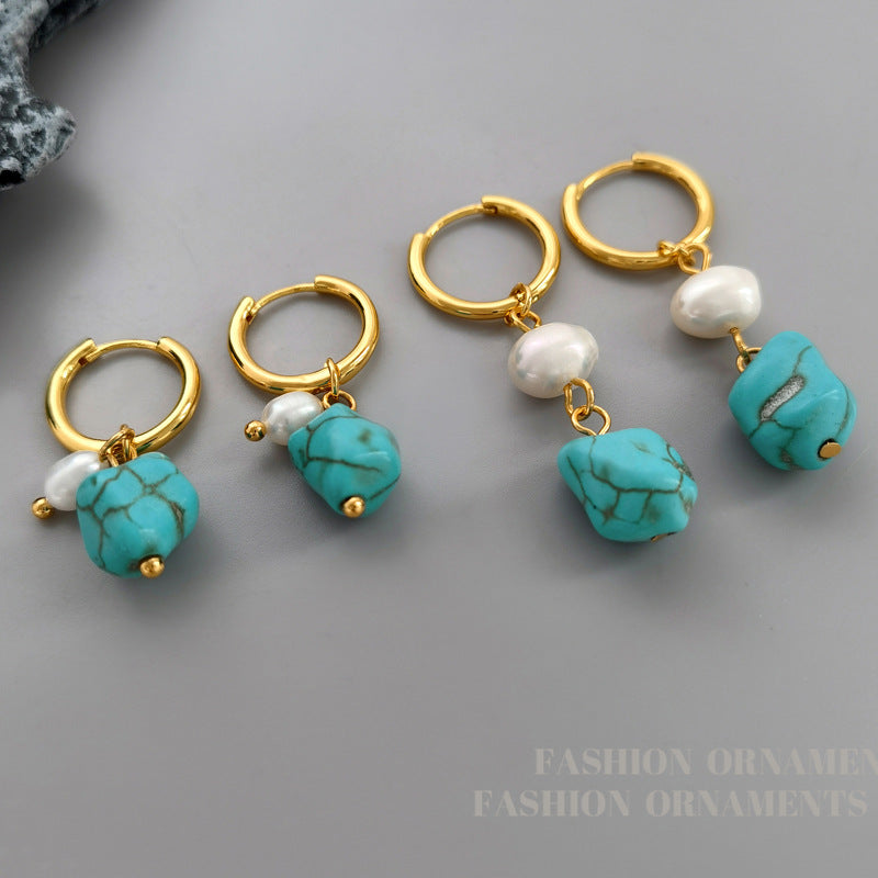 Turquoise & Cultured Pearl Geometric Drop Earrings