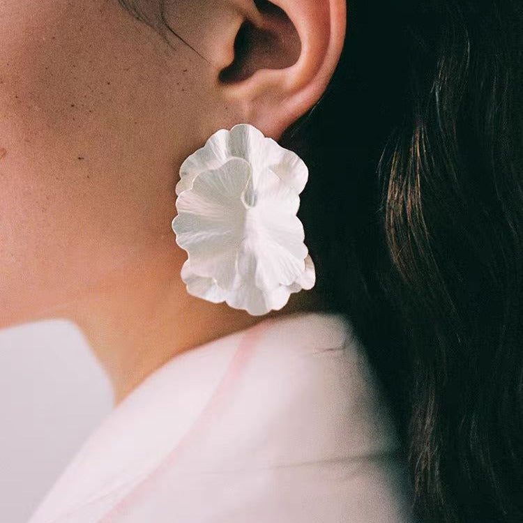 Double Layered Petal White Flower Stud Earrings