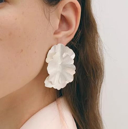 Double Layered Petal White Flower Stud Earrings