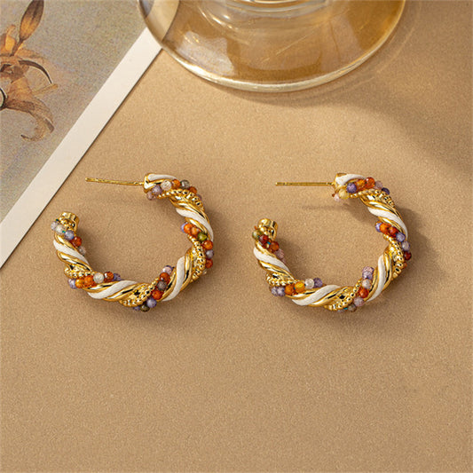 Twisted C-Hoop Earrings with Colored Crystals, Luxe Copper Design, Electroplated Finish