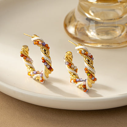 Twisted C-Hoop Earrings with Colored Crystals, Luxe Copper Design, Electroplated Finish