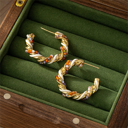 Twisted C-Hoop Earrings with Colored Crystals, Luxe Copper Design, Electroplated Finish