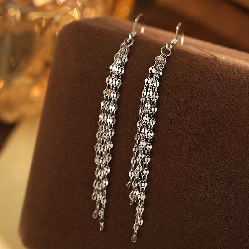 S925 Sterling Silver Long Tassel Sparkling Earrings