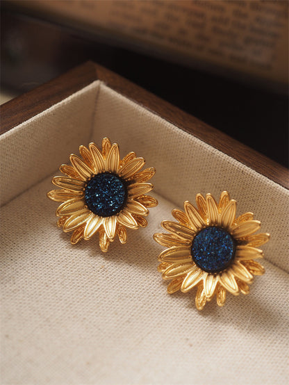 Vintage Sunflower Stud Earrings with Antique Style