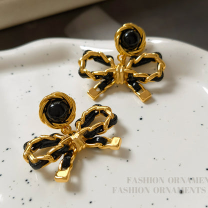 S925 Silver Pin Black & Gold Bow Earrings