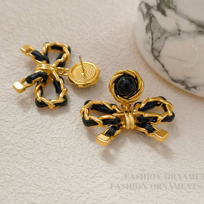 S925 Silver Pin Black & Gold Bow Earrings