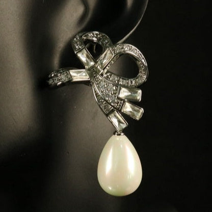 Diamond-Embellished Teardrop Shell Bow Drop Earrings