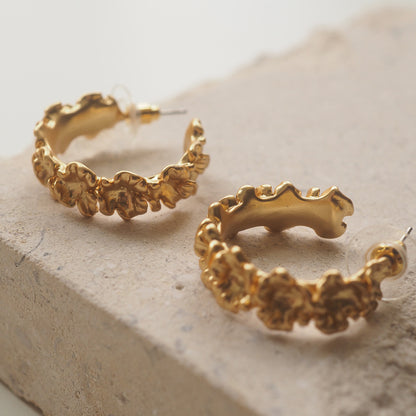 Vintage Gold-Plated Floral Hoop Earrings