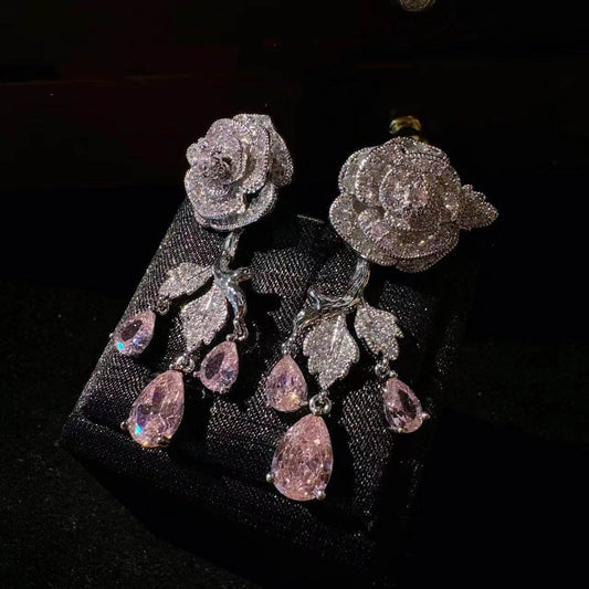 Dreamy Princess Pink Teardrop Camellia Zircon Earrings