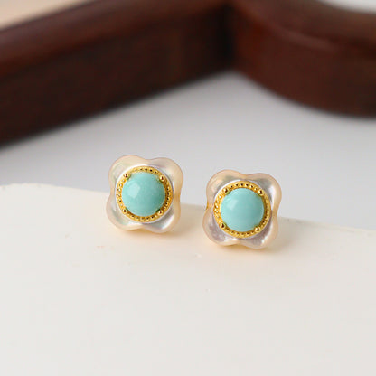 Vintage Turquoise & Shell Clover Stud Earrings