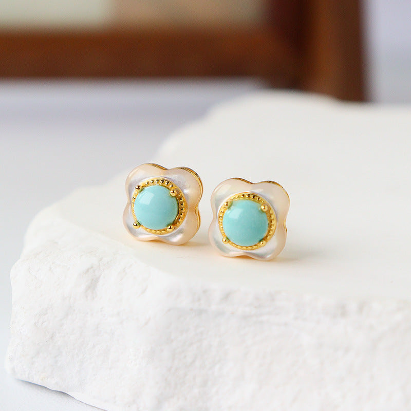 Vintage Turquoise & Shell Clover Stud Earrings