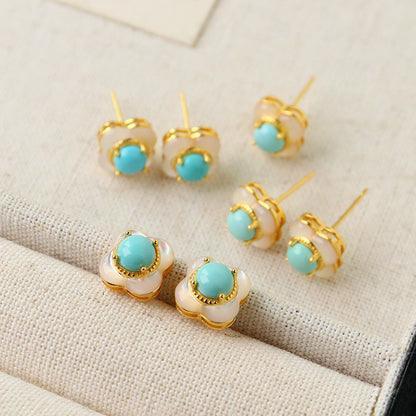 Vintage Turquoise & Shell Clover Stud Earrings