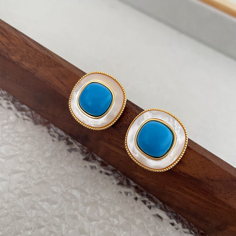 Square Natural Shell & Turquoise Stud Earrings – Vintage & Minimalist