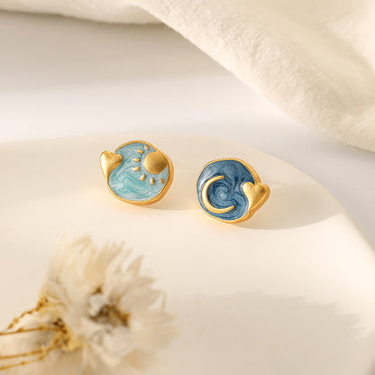 Vintage Matte Enamel Sun, Moon & Heart Stud Earrings – Elegant & Chic