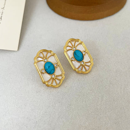 Vintage Natural Shell & Turquoise Stud Earrings – 925 Silver Post