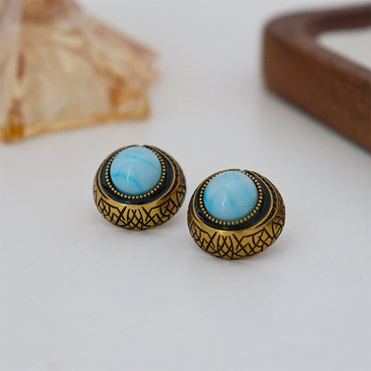 Vintage Round Turquoise&Gold Stud Earrings – Elegant & Classic