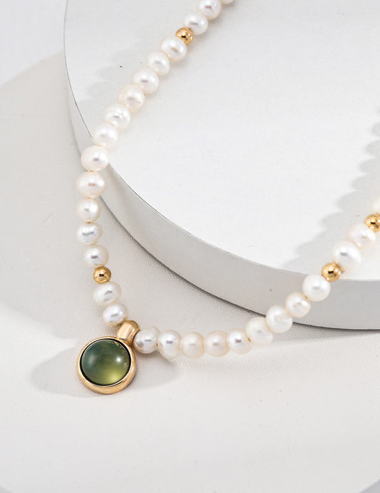 Pearl and Green Gemstone Necklace