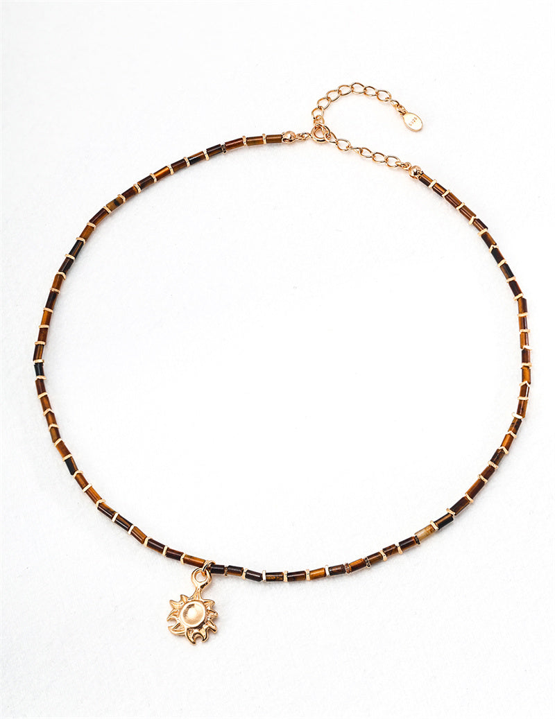 Tiger Eye Stone Sun Pendant Necklace