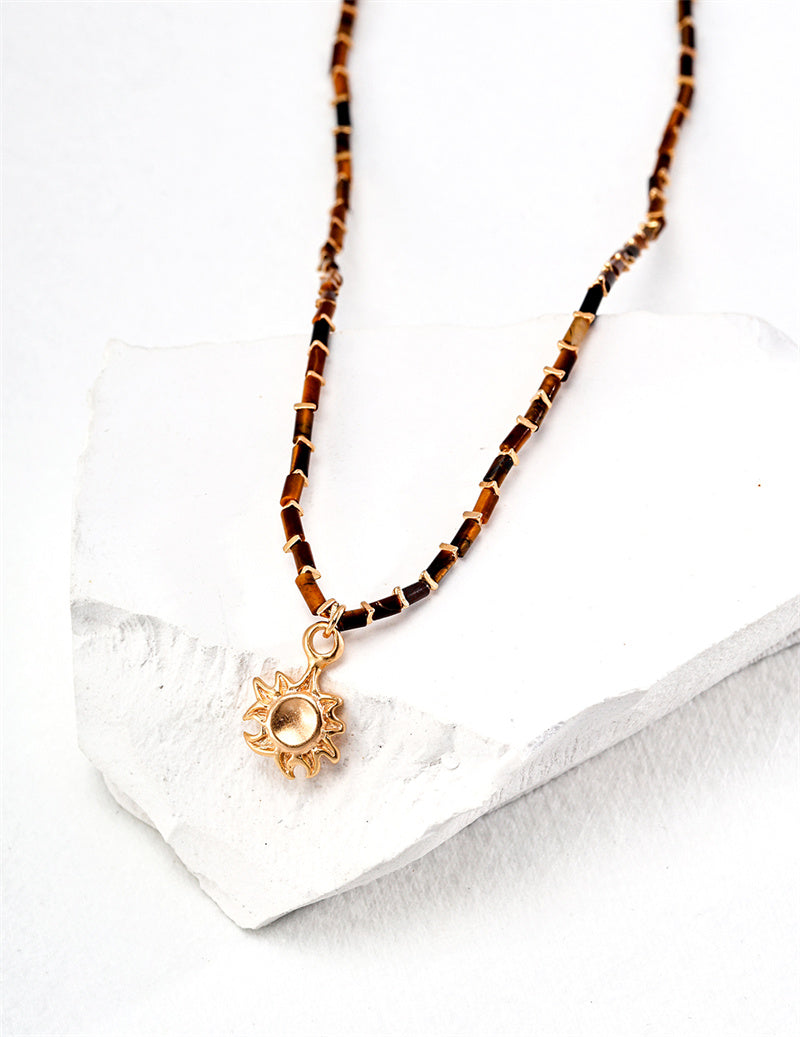 Tiger Eye Stone Sun Pendant Necklace