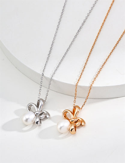 Minimalist Single Pearl Bow Pendant Necklace