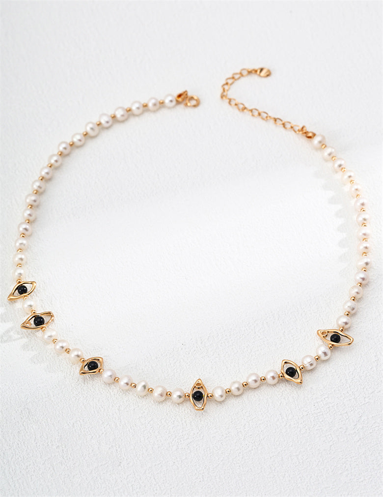 S925 Sterling Silver Natural Pearl and Black Onyx Necklace – Vintage Gold, Adjustable Chain