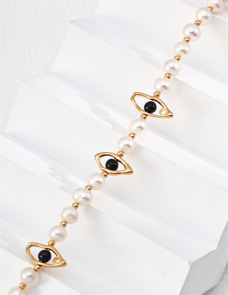 S925 Sterling Silver Natural Pearl and Black Onyx Necklace – Vintage Gold, Adjustable Chain