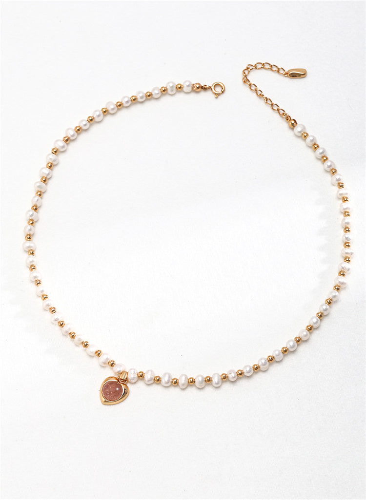 Natural Pearl Necklace with Pink Heart Pendant