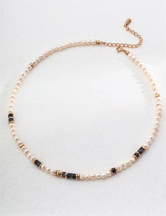 S925 Silver Pearl & Black Sunstone Necklace