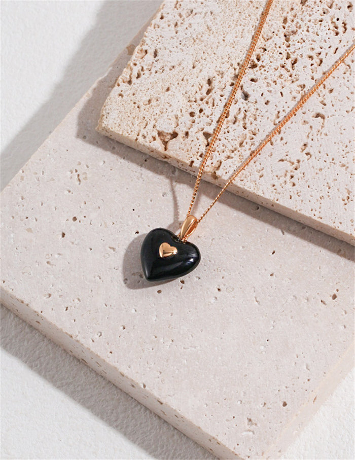 S925 Silver Black & Gold Double Heart Enamel Necklace