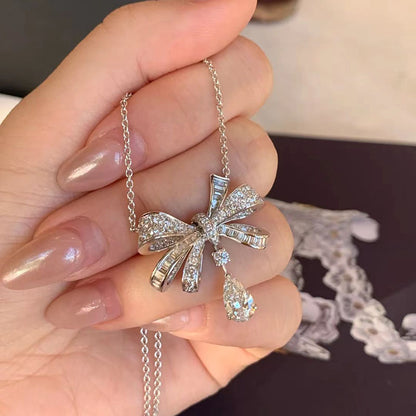 Bow Necklace with Zircon Waterdrop Pendant