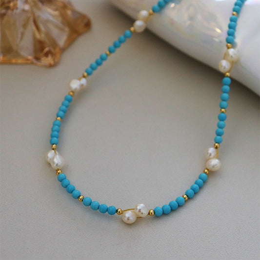 Turquoise & Freshwater Pearl Beaded Necklace – Elegant & Natural