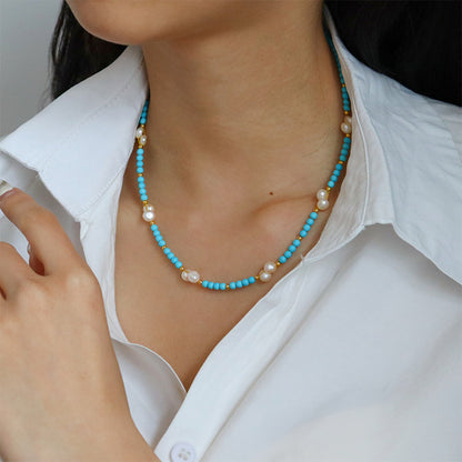 Turquoise & Freshwater Pearl Beaded Necklace – Elegant & Natural