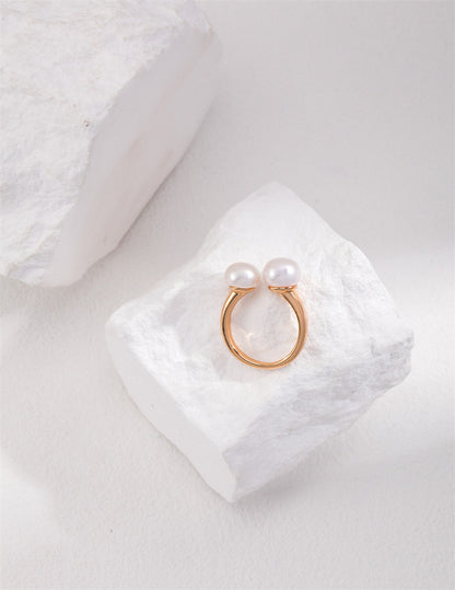 Gold Smiling Duble Pearl Ring