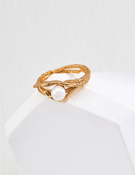 Minimalist Wood Textured Gold Ring Natural Pearl Ring